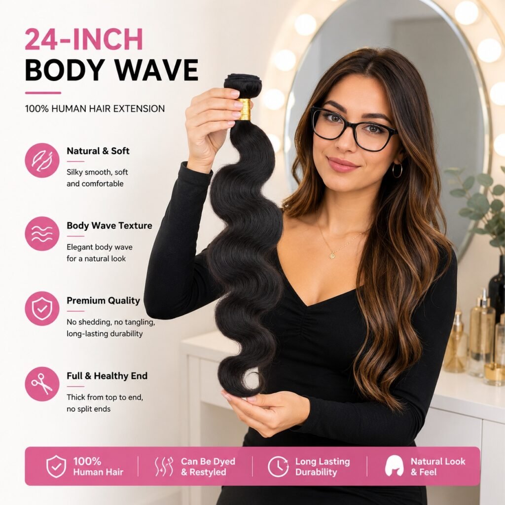 Body Wave Human Hair Bundle — 10A Virgin, Natural Black, 24 Inches