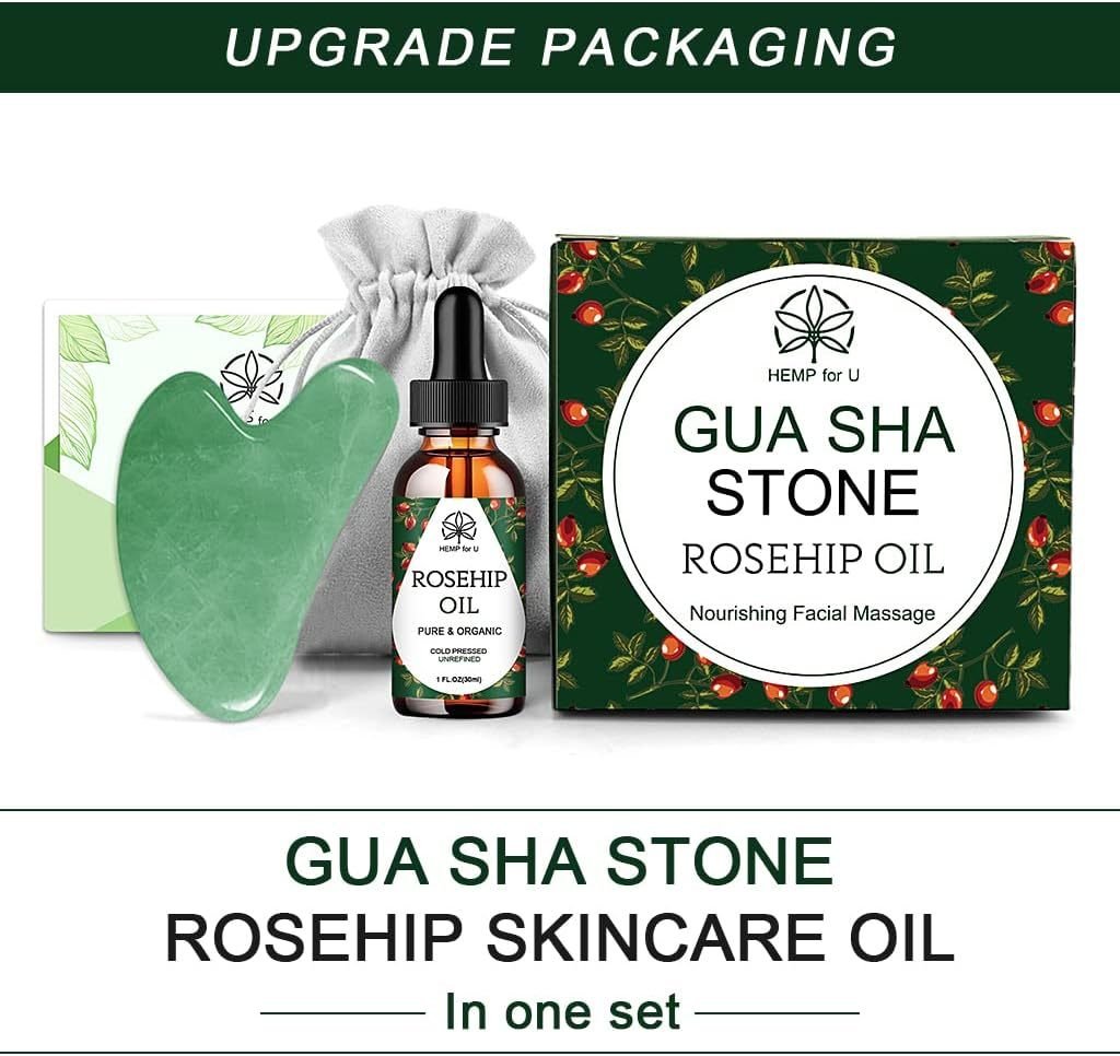Jade Gua Sha Facial Massage Tool & Rosehip Oil Set with Travel Pouch - Image 4