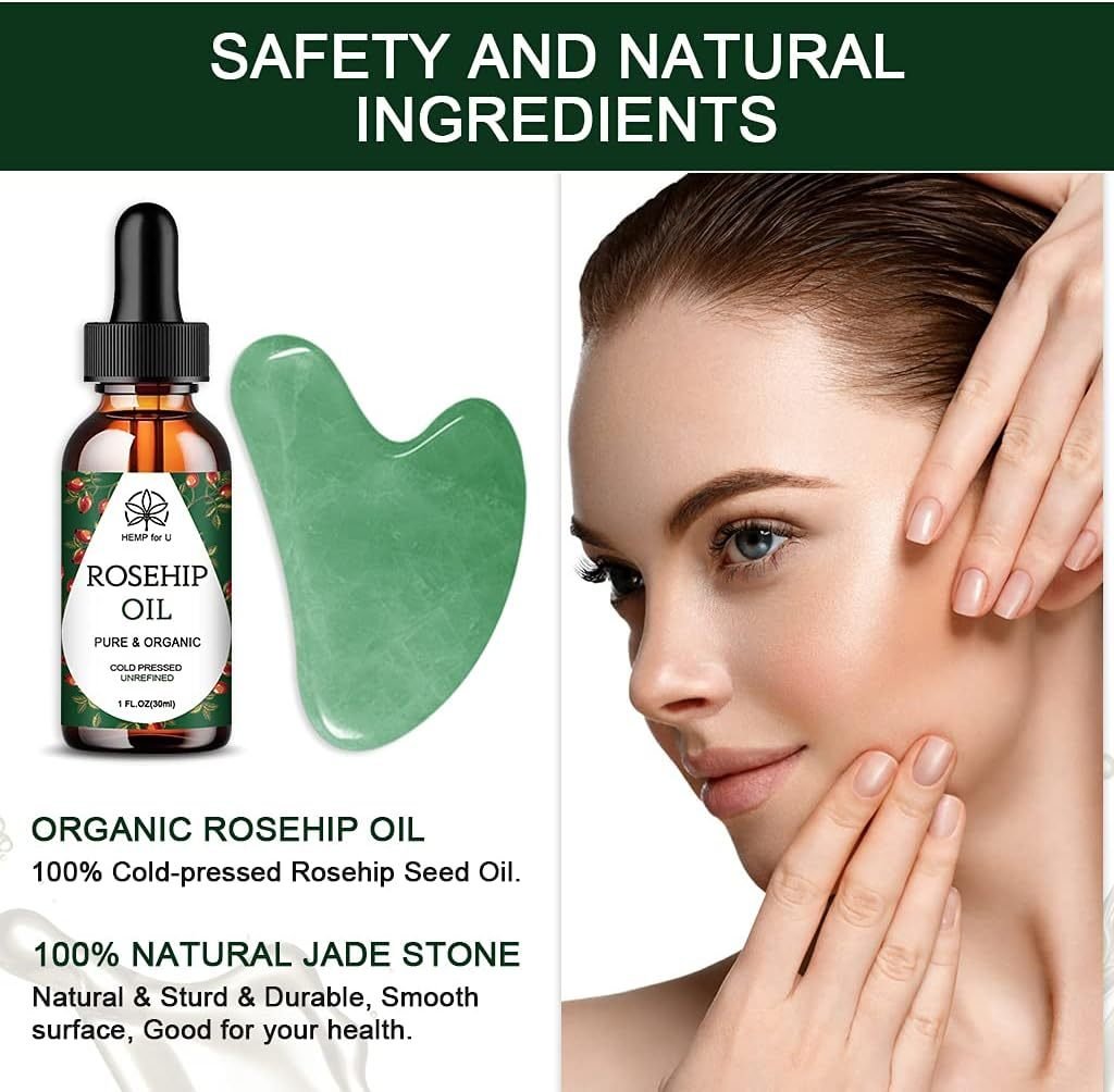 Jade Gua Sha Facial Massage Tool & Rosehip Oil Set with Travel Pouch - Image 5