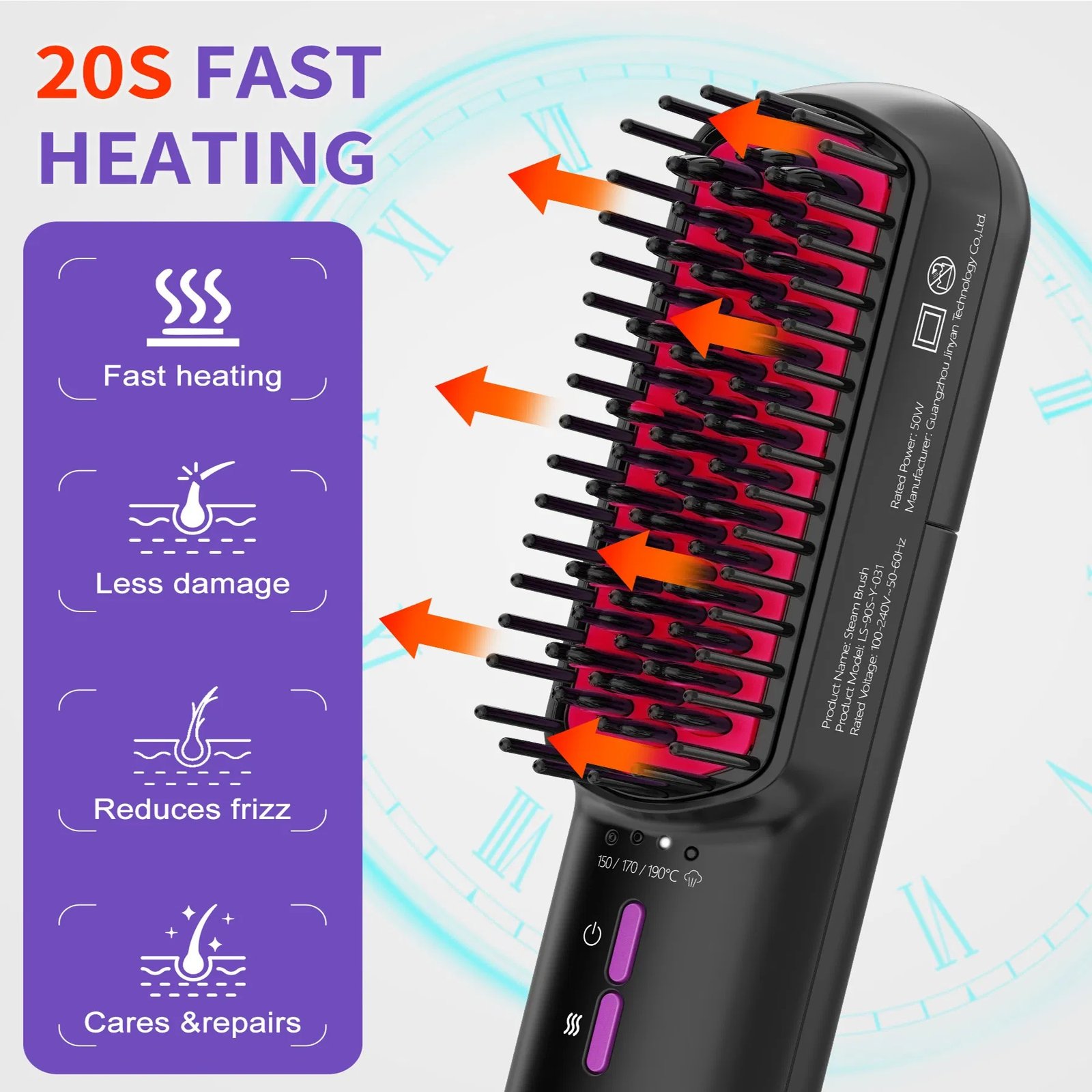 Ionic Steam Hair Straightener Brush — Ceramic Heated Brush, Anti-Frizz, Fast Heating - Image 2