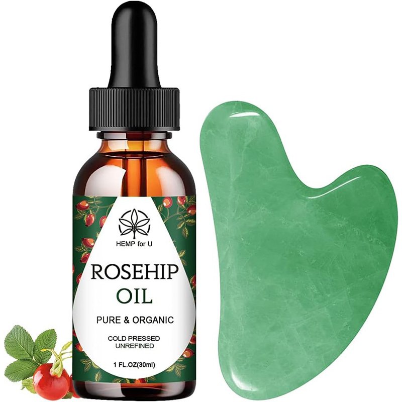 Jade Gua Sha Facial Massage Tool & Rosehip Oil Set with Travel Pouch