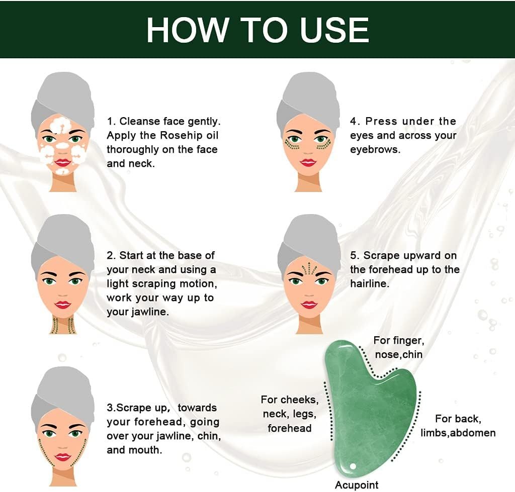 Jade Gua Sha Facial Massage Tool & Rosehip Oil Set with Travel Pouch - Image 2