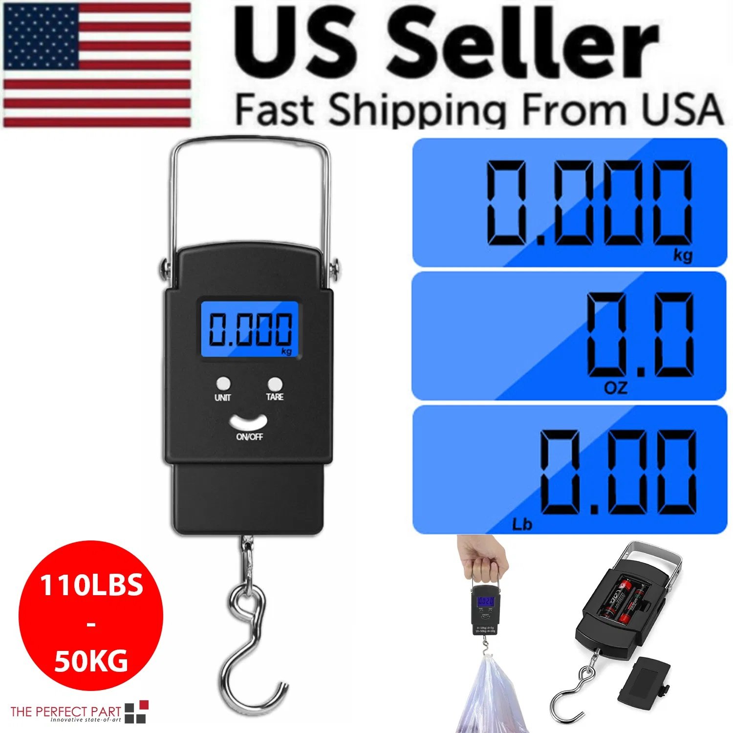Digital Luggage Scale - Portable Hanging Suitcase Weight Scale With Backlit LCD Display, 110lb/50kg Capacity, Tare Function and Hook for Travel